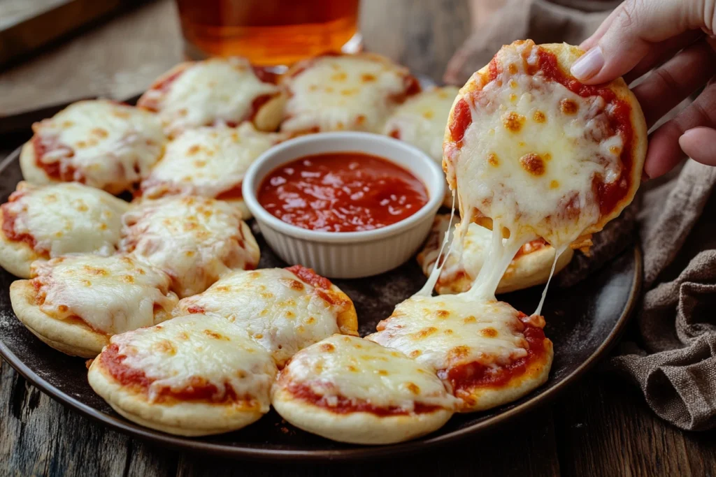 A serving platter with mini English muffin pizzas, with cheese stretching from a slice.