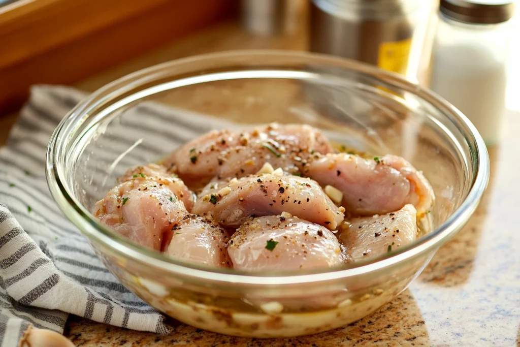 Raw chicken pieces marinating in a glass bowl filled with vinegar and salt, placed on a wooden kitchen counter with seasonings and natural light.