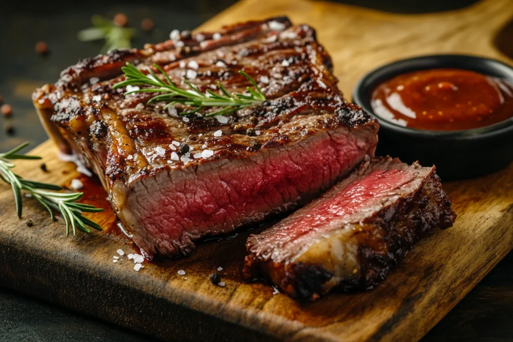Sliced slow-cooked beef rib steak with fresh rosemary on a wooden board.