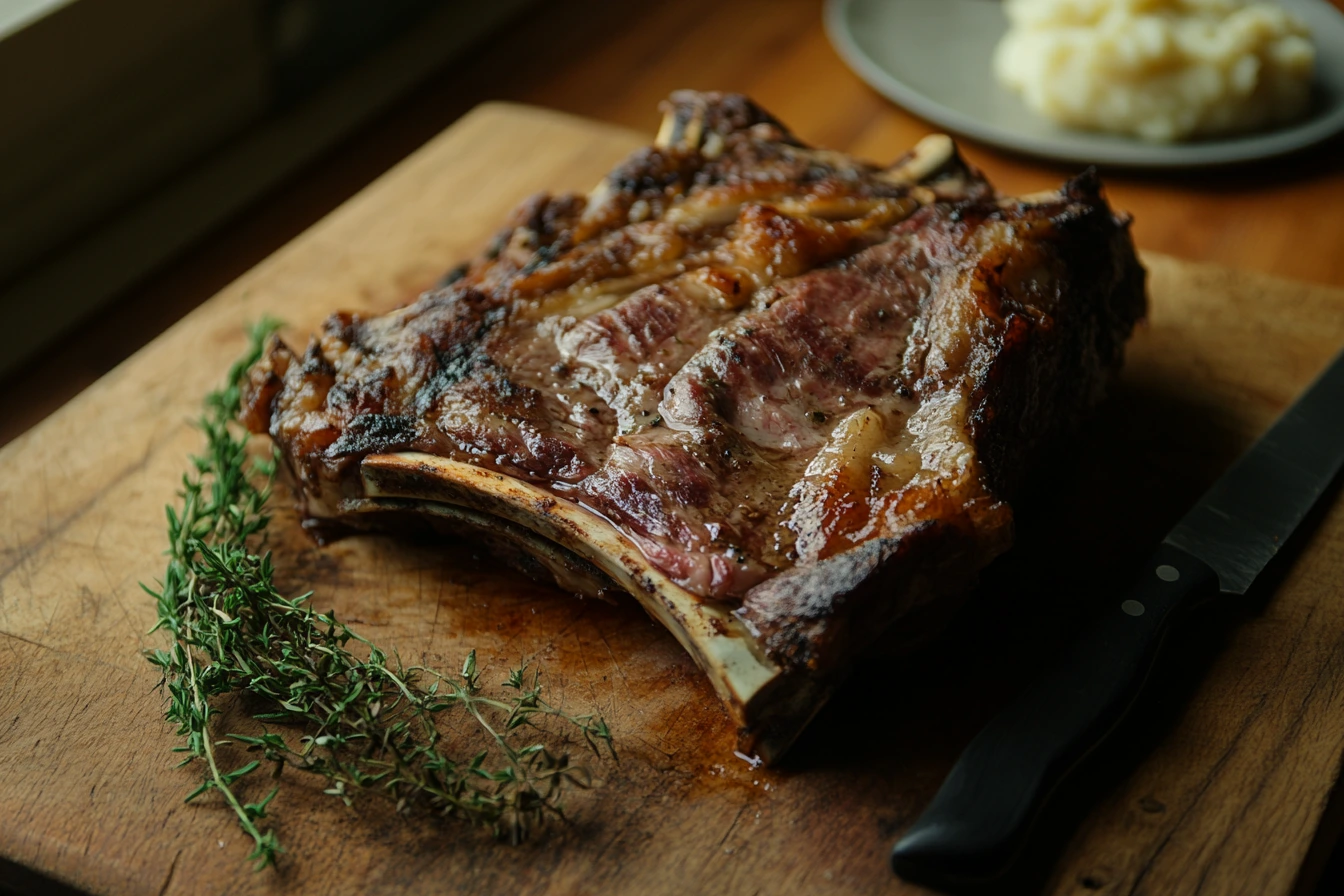 Grilled prime rib roast with a crispy seared crust and juicy interior