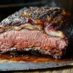 Smoked ribeye roast resting on a wooden cutting board.