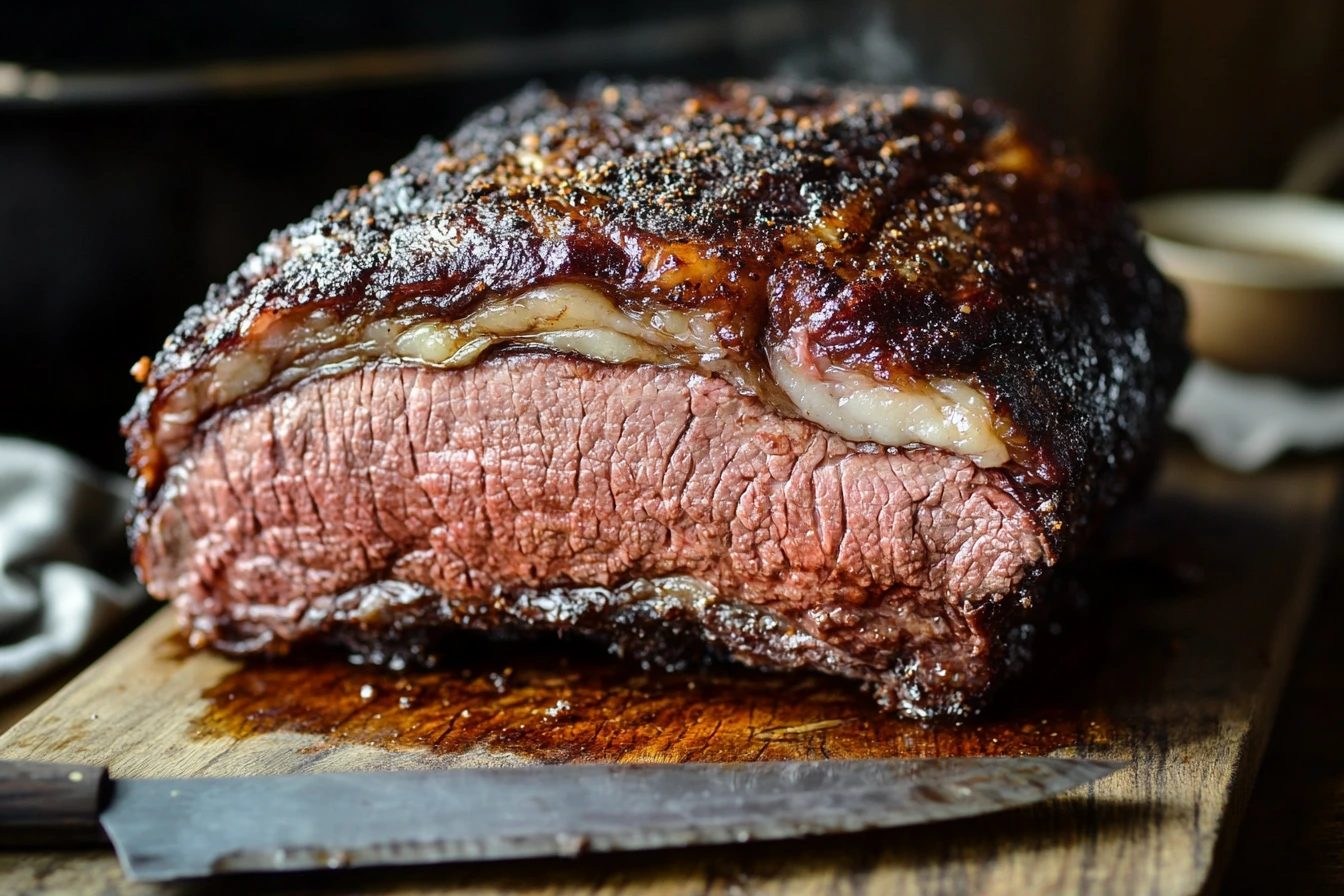 Smoked ribeye roast resting on a wooden cutting board.