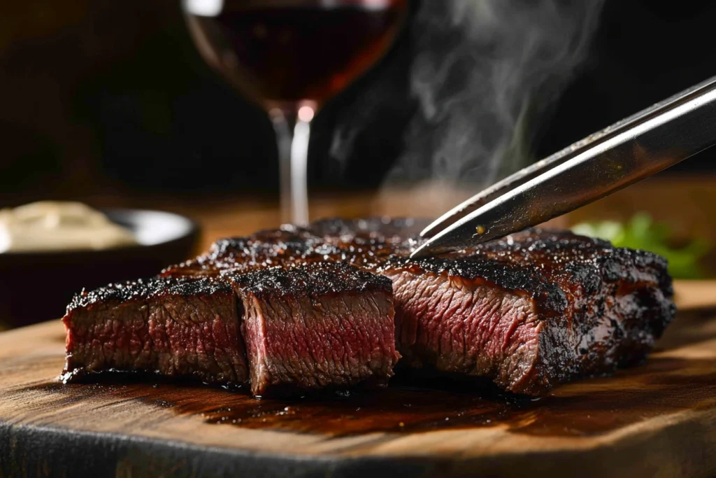 Sliced smoked ribeye roast with a caramelized crust and pink center.