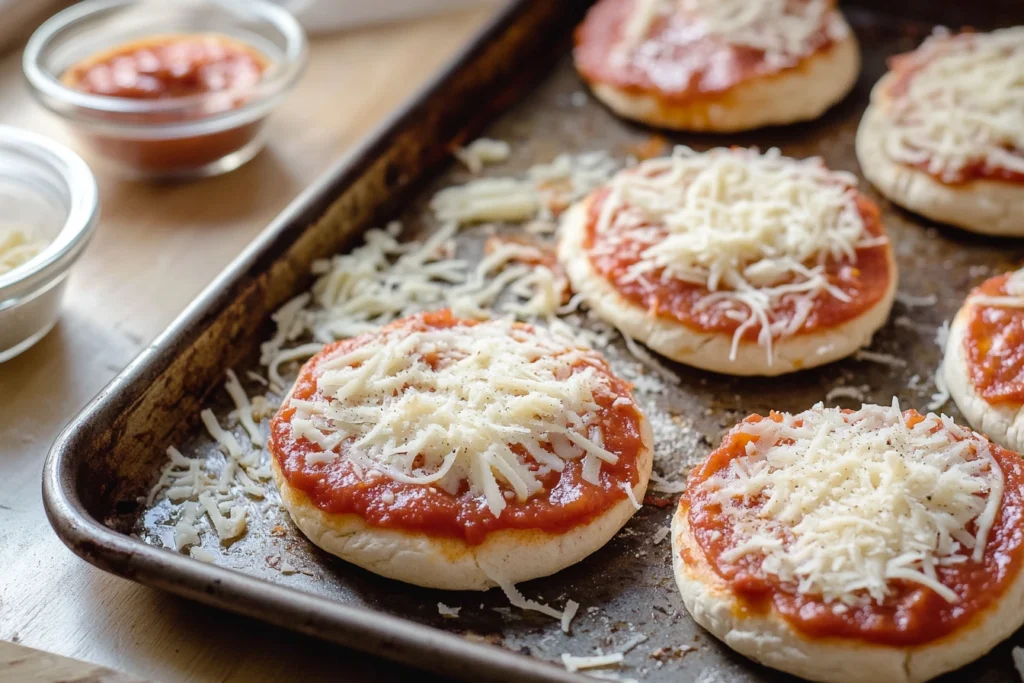 English muffin halves topped with sauce, cheese, and pepperoni on a baking tray.