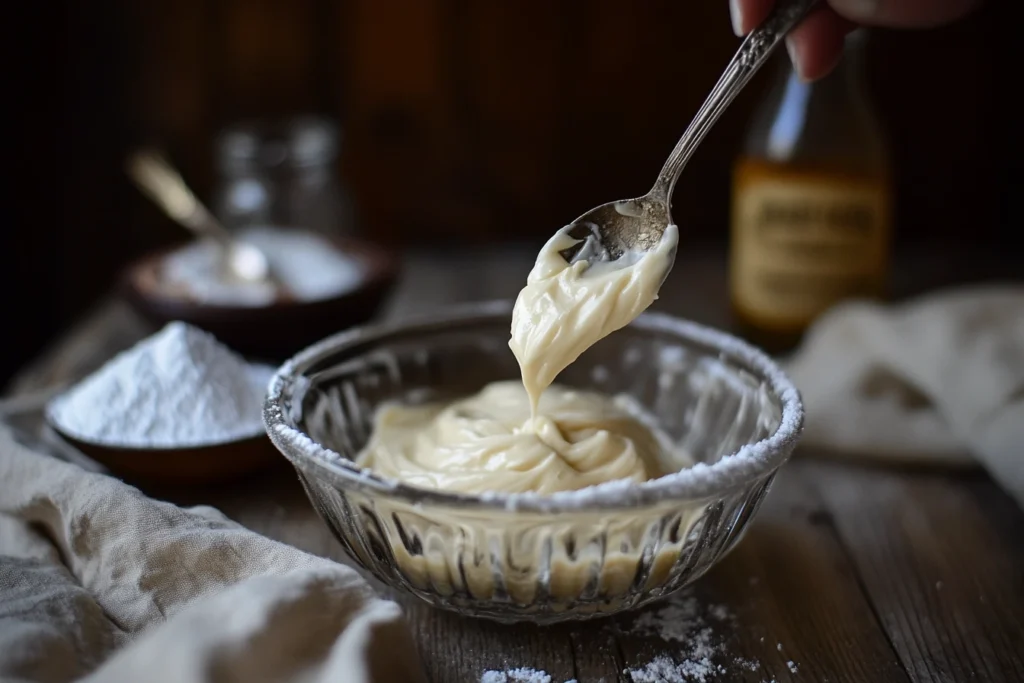 A close-up shot of a spoon lifting smooth cream cheese glaze from a glass bowl, with a rustic kitchen background.