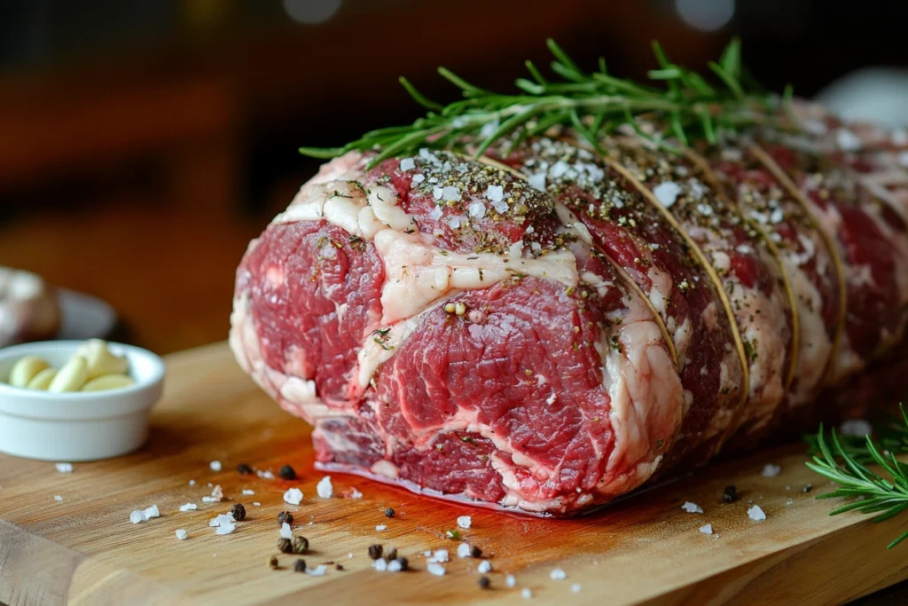 Raw seasoned prime rib roast ready for slow cooking