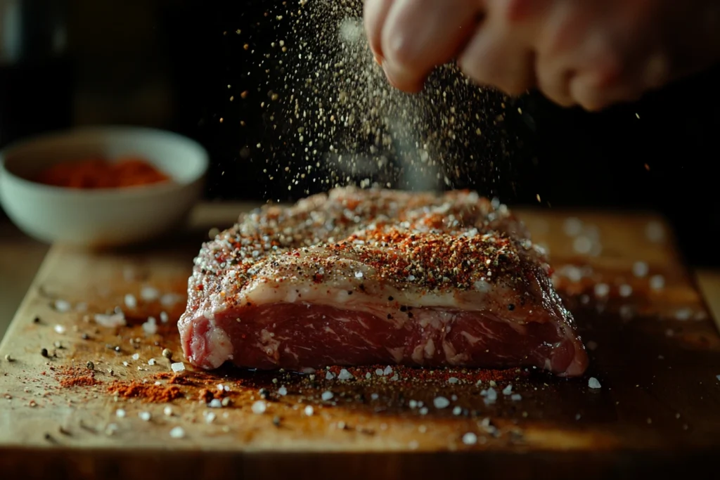 Seasoning a raw ribeye roast before smoking.