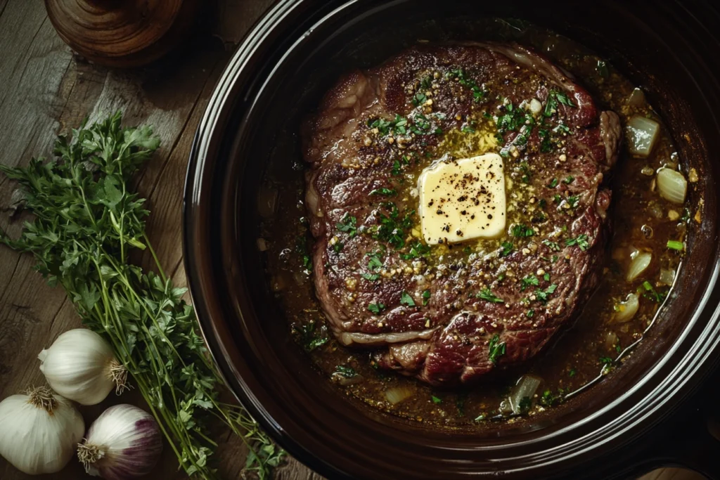 Ribeye steak in a slow cooker with seasonings, butter, and herbs.