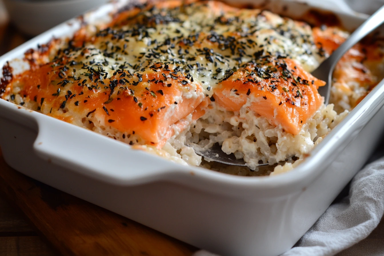 A golden-baked Sushi Bake Salmon casserole with a crispy, creamy topping being scooped from a ceramic dish.