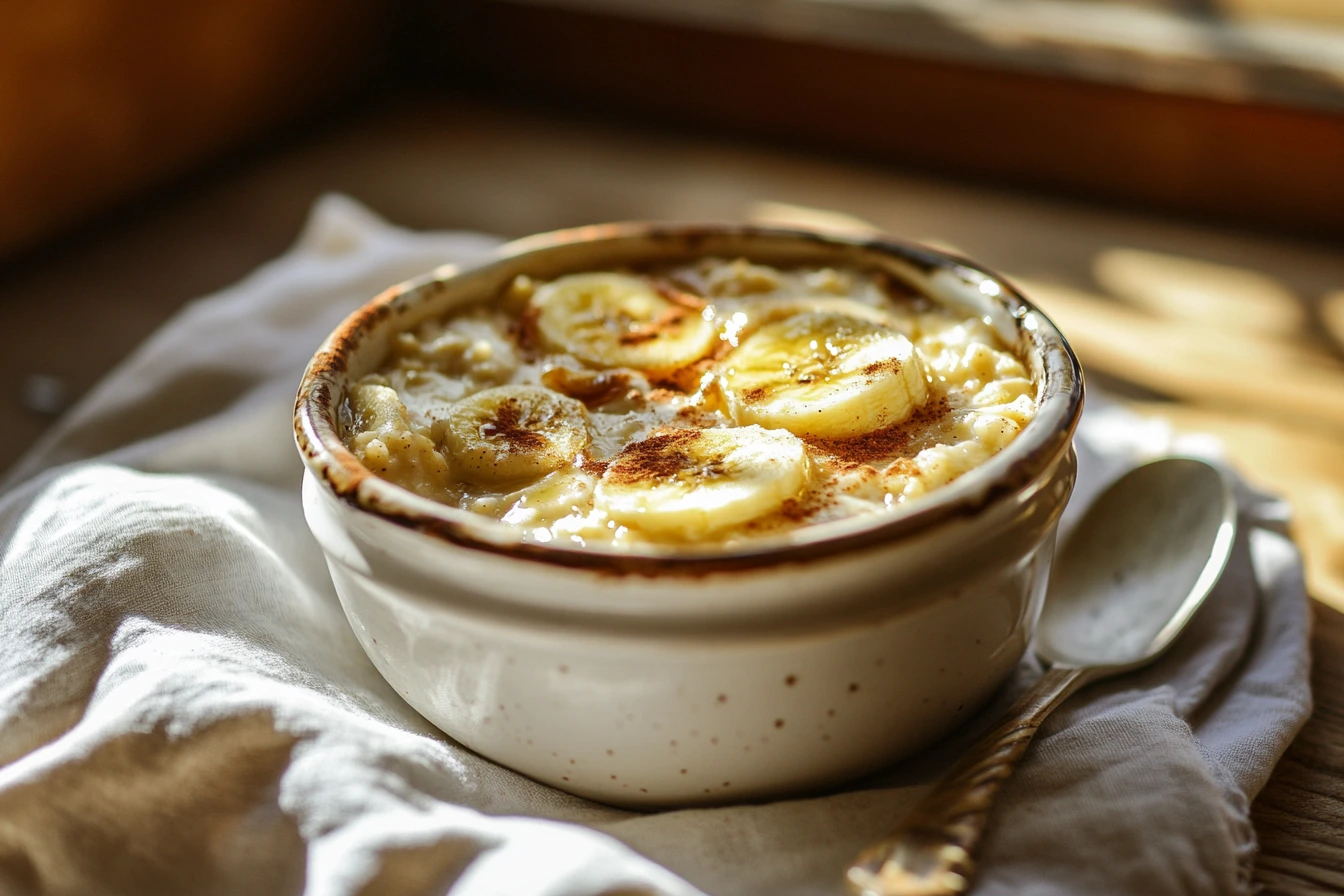 A homemade microwave-baked oats dish in a white ceramic bowl, topped with banana slices, honey drizzle, and cinnamon, placed on a wooden table with soft natural lighting.