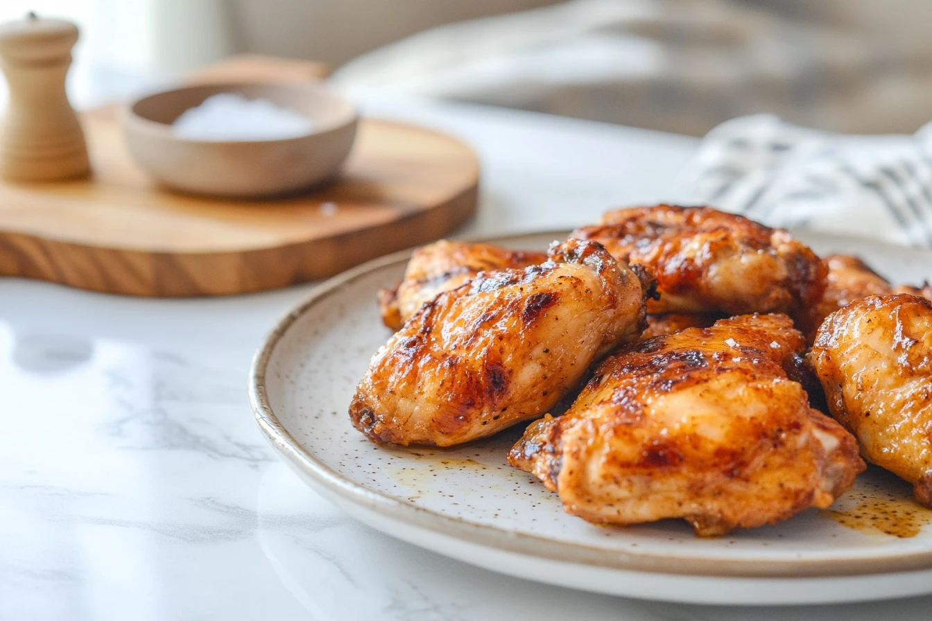 A beautifully plated serving of vinegar and salt chicken on a white ceramic plate, placed on a marble countertop with natural light enhancing the textures.