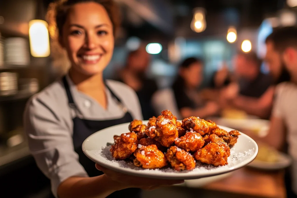 A chef holding a plate of crispy salt and vinegar wings, with foodies enjoying them in the background.