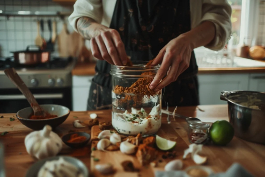 Hands adding chipotle peppers and spices into a blender with mayonnaise and sour cream