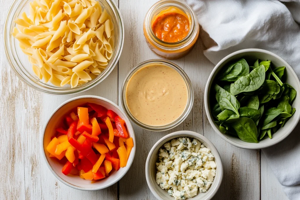 Bowls of pasta toppings and ingredients including blue cheese, vegetables, and chipotle ranch dressing