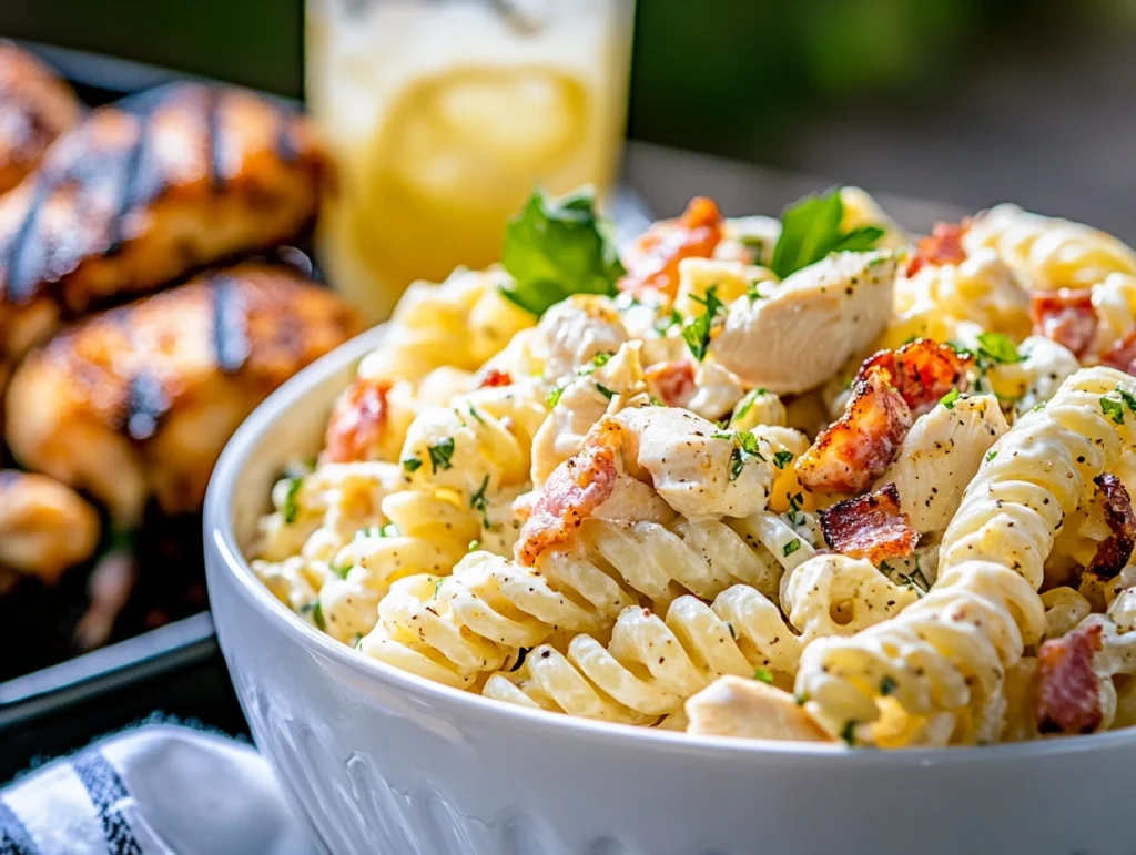 Served chicken bacon ranch pasta salad on picnic table