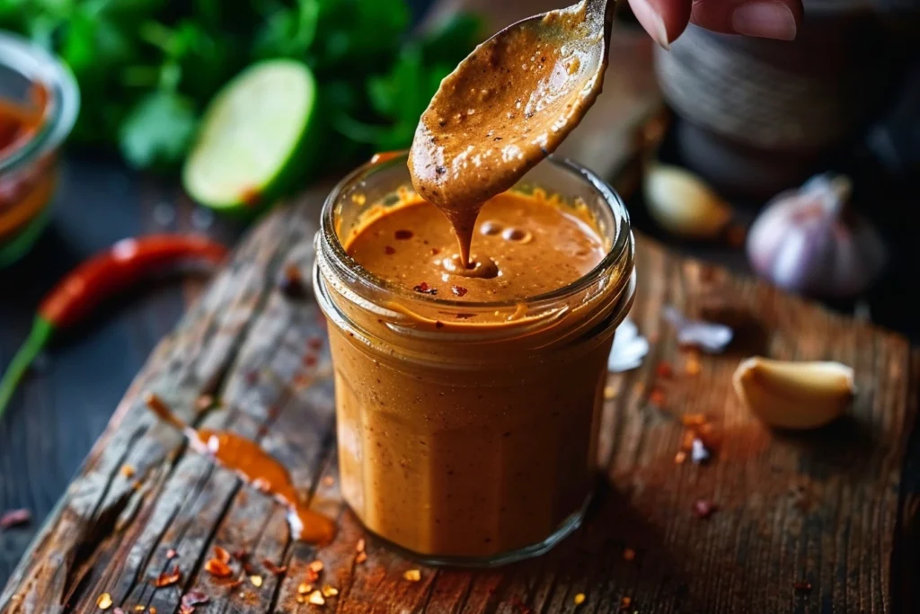 Hand drizzling creamy chipotle ranch dressing into a rustic glass jar on a wooden countertop