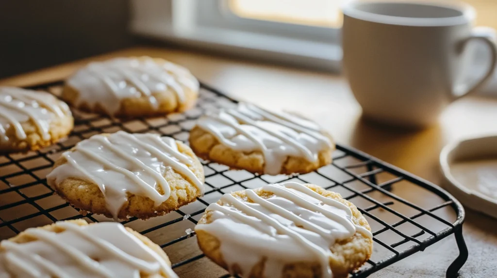 Brown Sugar Pop Tart Cookies cooling on a wire rack with glaze