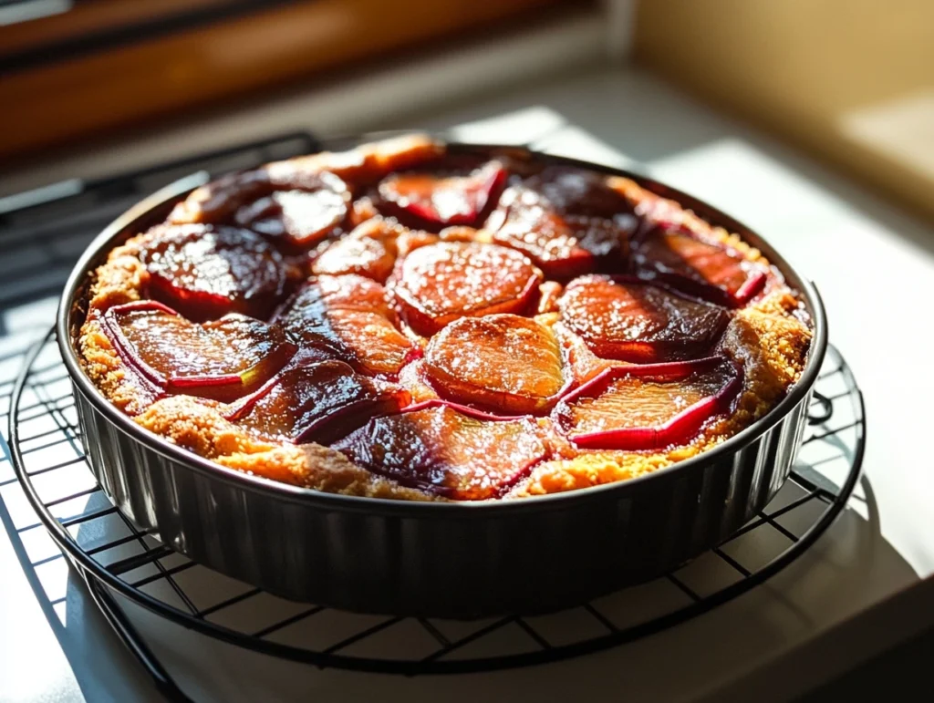 Rhubarb cake in pan cooling after baking