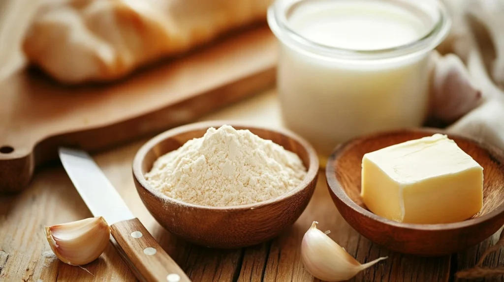 Ingredients for garlic butter buns, including flour, butter, garlic, yeast, and eggs.