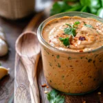 Rustic glass jar filled with creamy chipotle ranch dressing on a wooden countertop