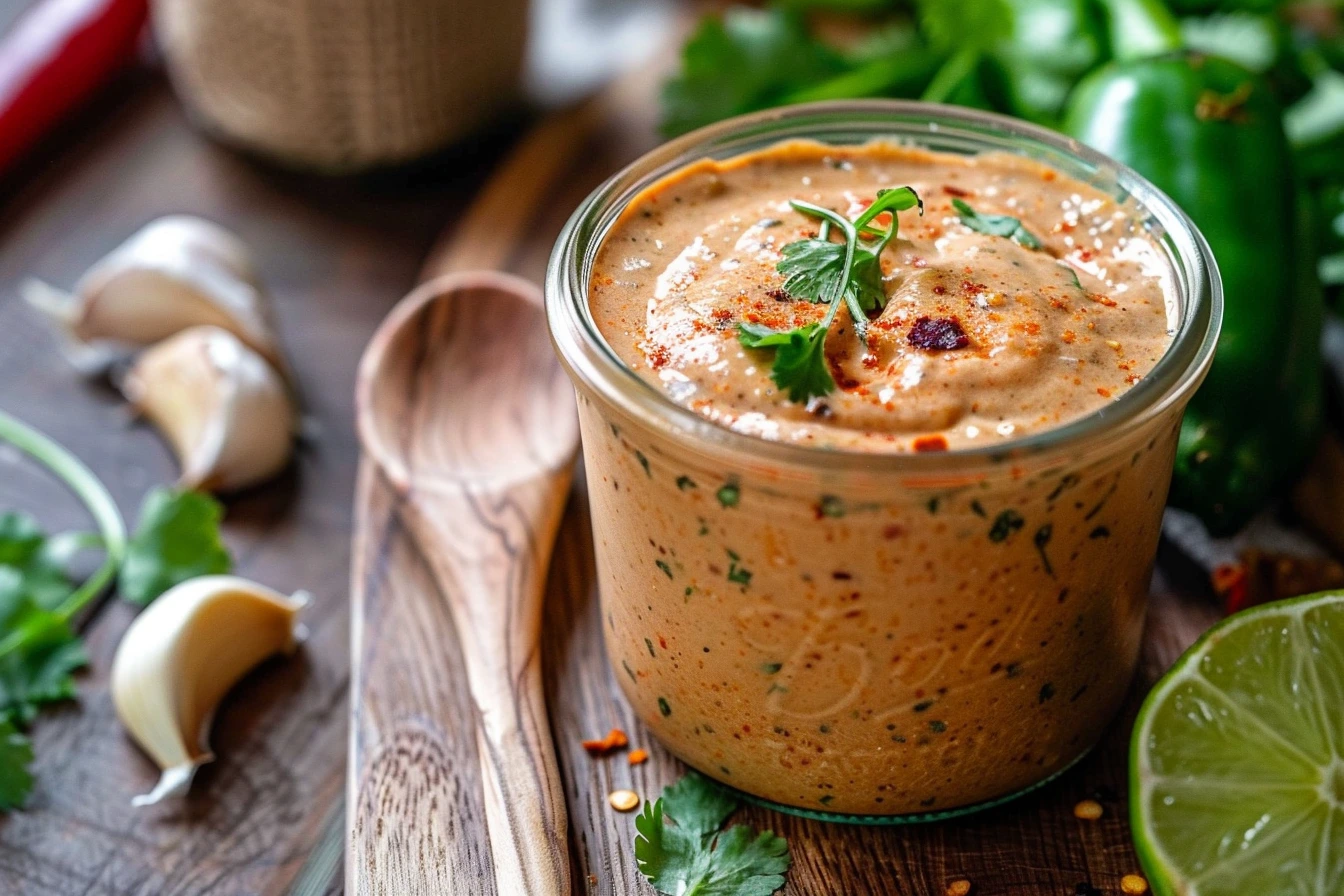 Rustic glass jar filled with creamy chipotle ranch dressing on a wooden countertop