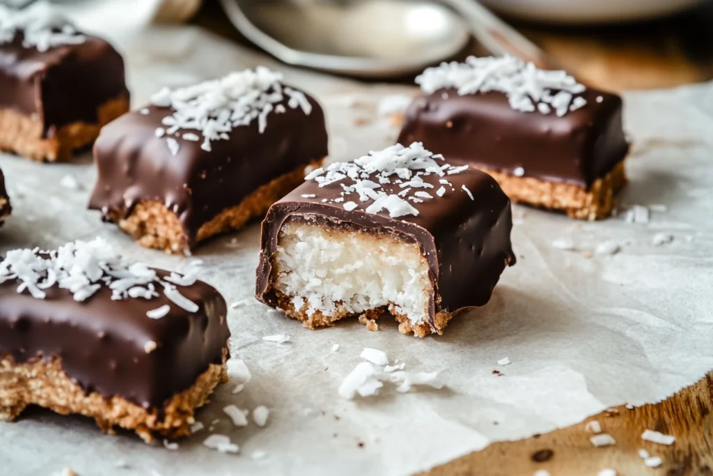 Homemade Bounty Bars with chocolate coating