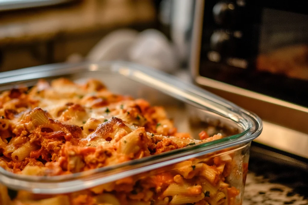 Leftover buffalo chicken pasta bake in a glass storage container ready to be reheated