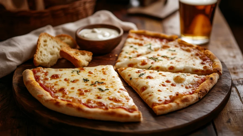 Sliced Old English Pizza served with garlic bread and dipping sauce