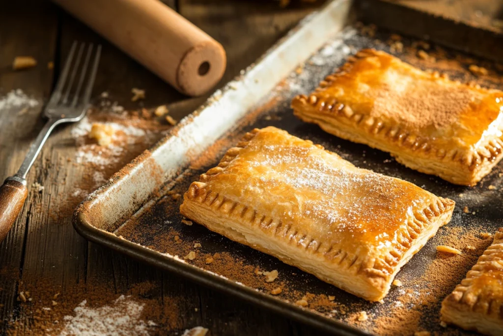 Brown sugar cinnamon pop tarts with leaking filling and tough dough on a baking sheet