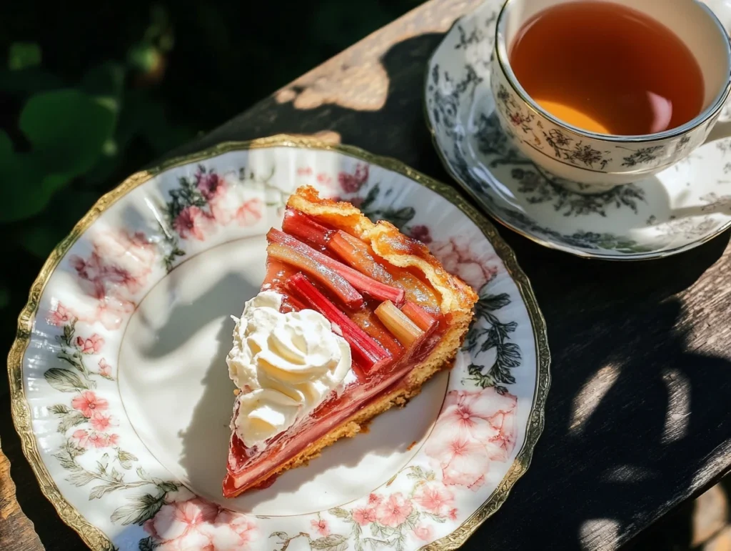Slice of rhubarb upside down cake with cream