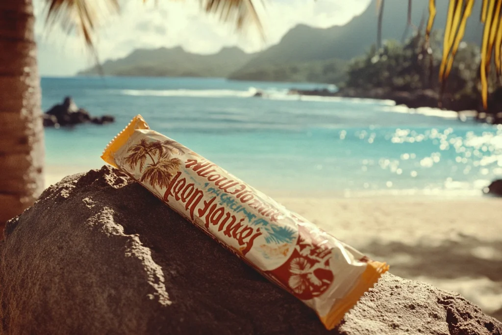 Retro Bounty Bar packaging with beach theme