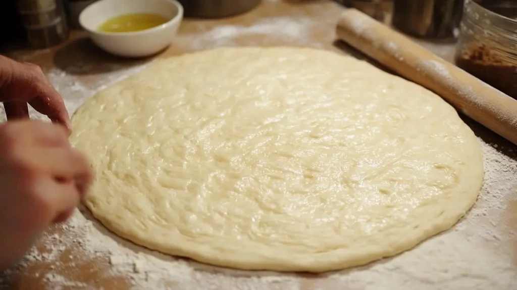Hands stretching pizza dough for Old English Pizza Philadelphia