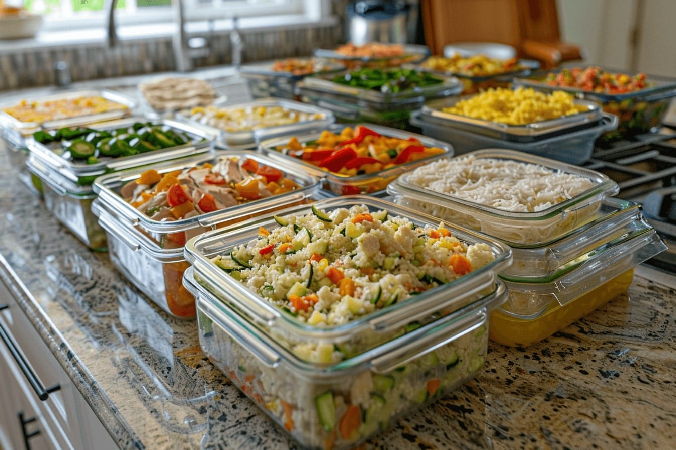 keto freezer meals in containers with chicken, veggies, and casseroles