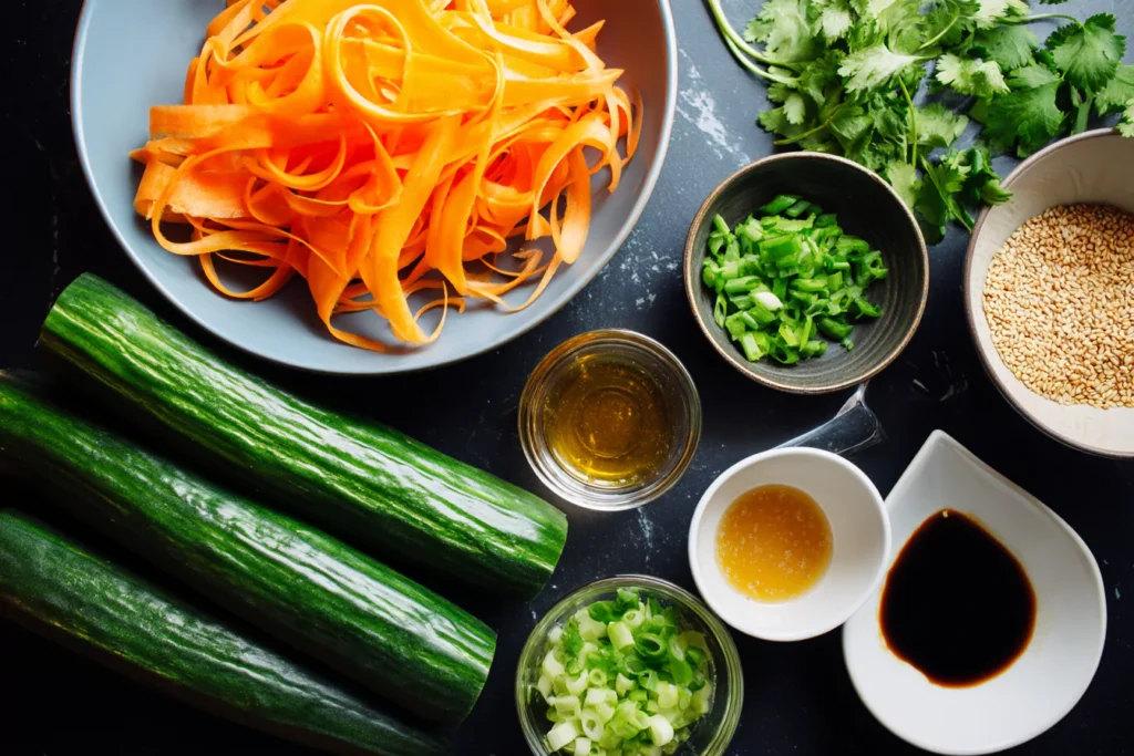 Ingredients for Asian cucumber and carrot salad flat lay