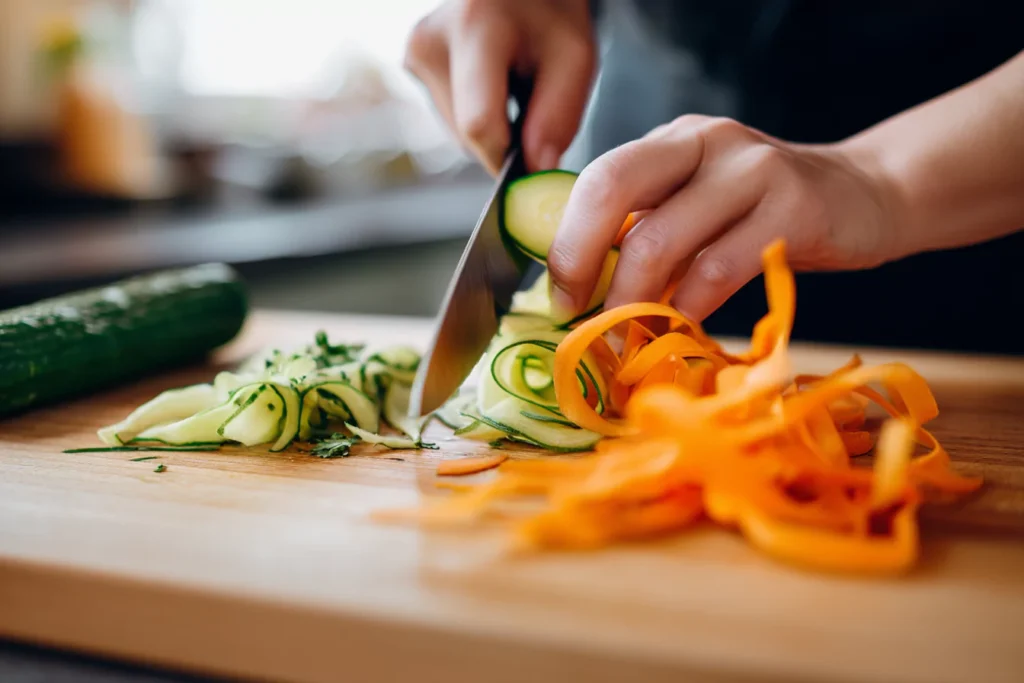 Preparing cucumber and carrot for salad
