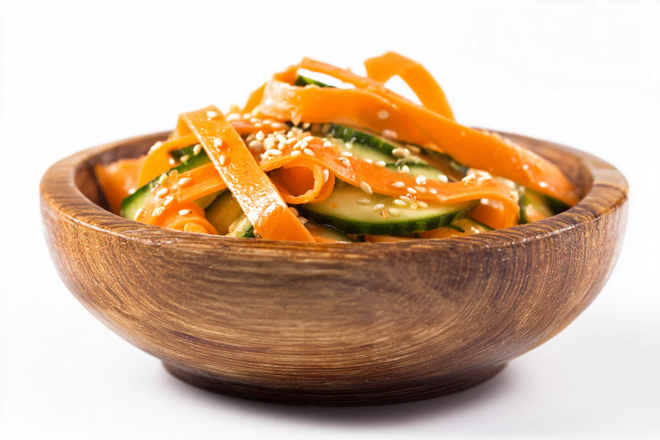 Asian cucumber and carrot salad in rustic bowl with sesame seeds