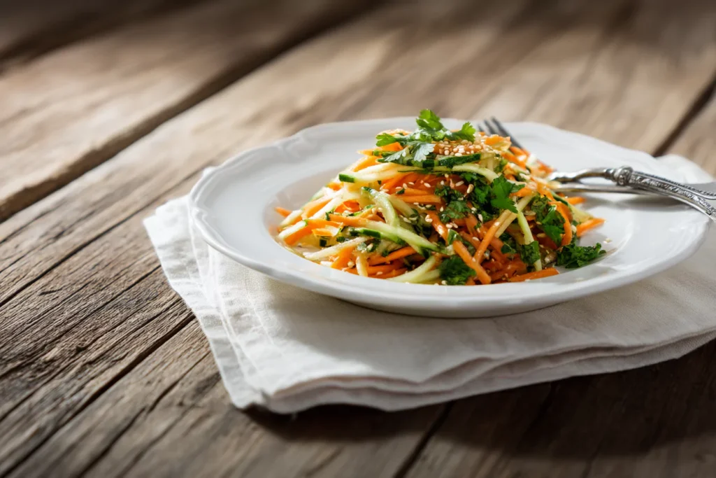 Served Asian cucumber and carrot salad on white plate