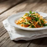 Served Asian cucumber and carrot salad on white plate