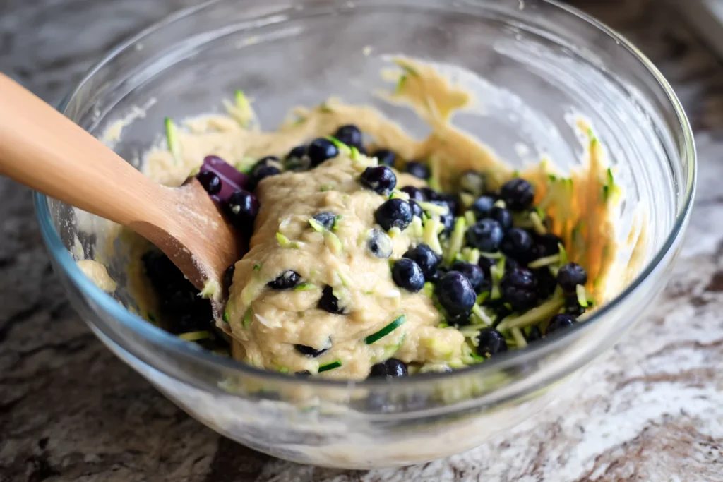 mixing blueberry zucchini bread batter