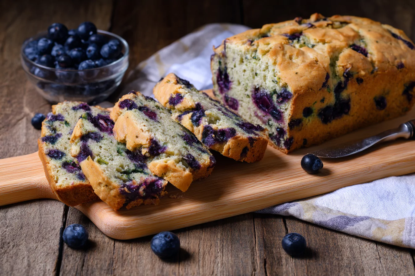 blueberry zucchini bread on rustic cutting board