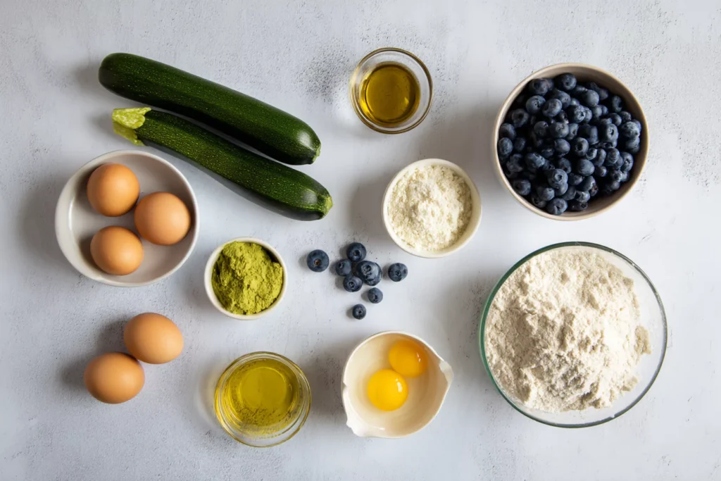 blueberry zucchini bread ingredients flatlay