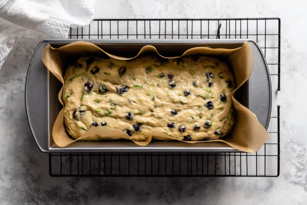blueberry zucchini bread batter in loaf pan