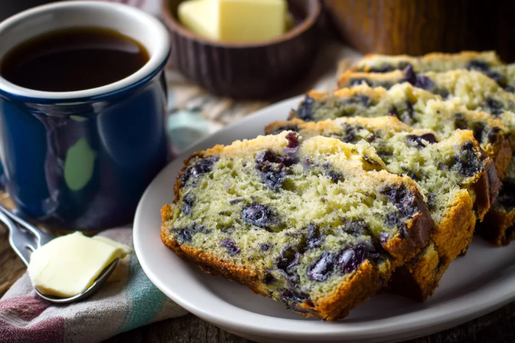 sliced blueberry zucchini bread on breakfast plate