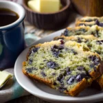 sliced blueberry zucchini bread on breakfast plate