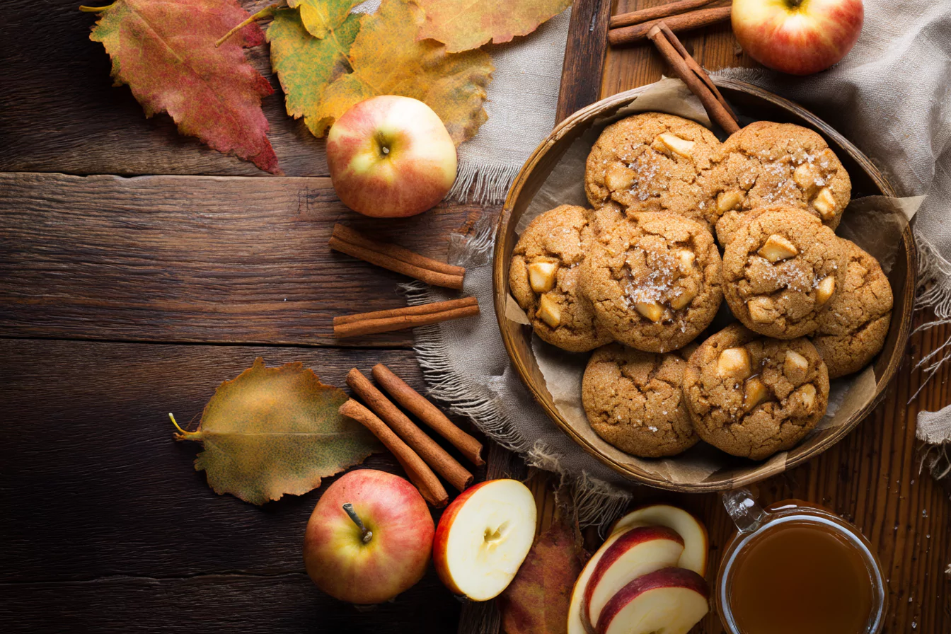 Caramel apple cider cookies on rustic fall table