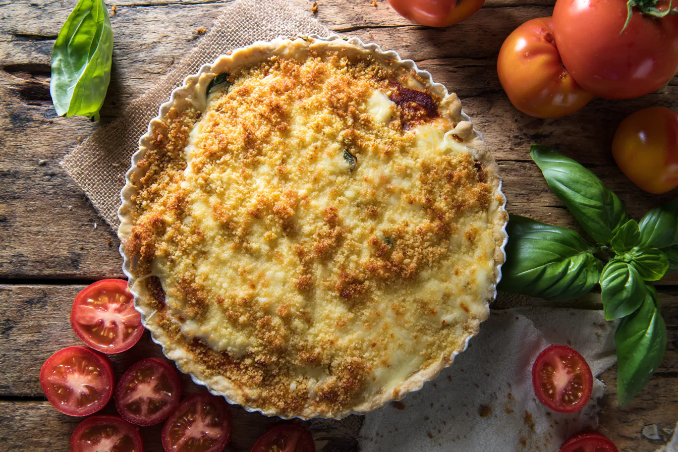 Crumb Topped Four Cheese Tomato Pie freshly baked