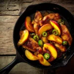 Jalapeno peach chicken in cast iron skillet with glaze