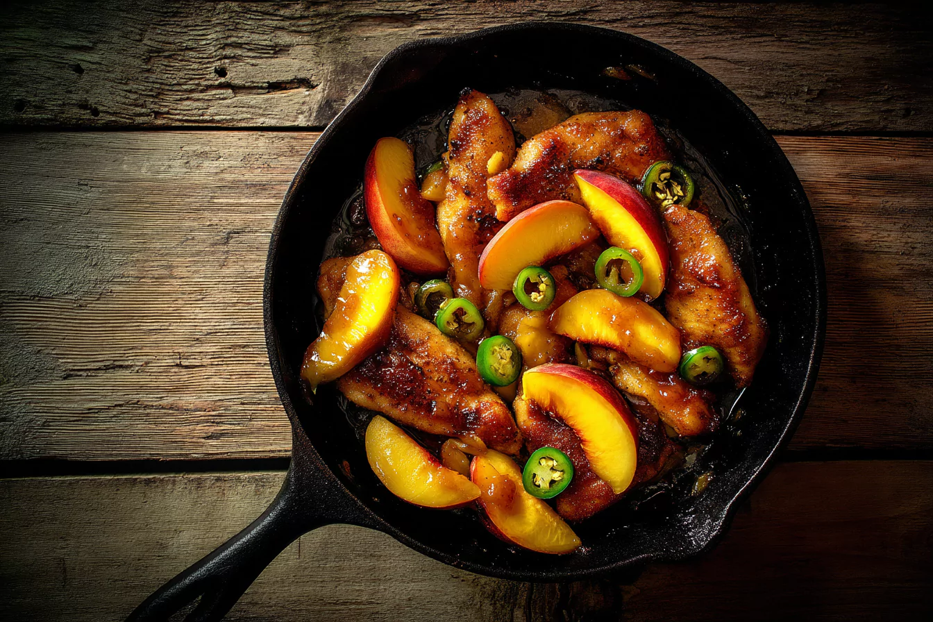 Jalapeno peach chicken in cast iron skillet with glaze
