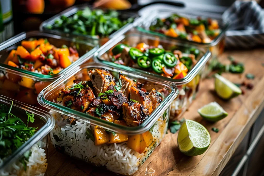 Leftover jalapeno peach chicken with toppings and storage