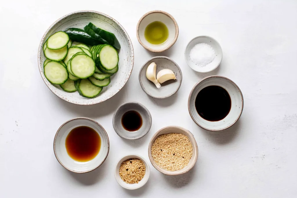 Korean cucumber salad ingredients in small bowls